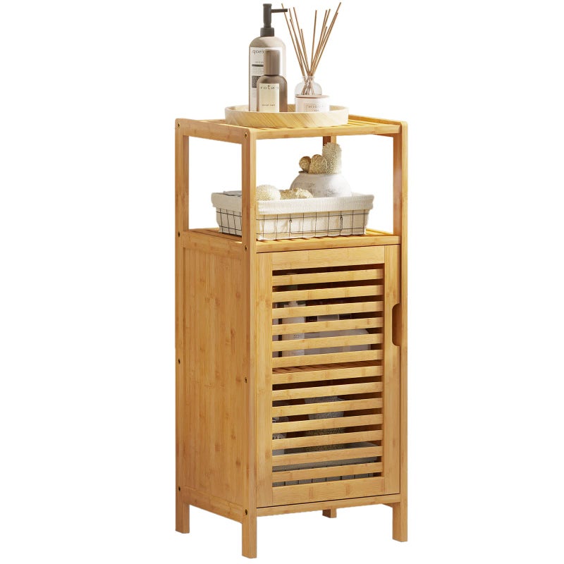 VIAGDO Bamboo Cabinet, Bathroom Storage Cabinet with Single Door and Shelf, Freestanding Bathroom Cabinet, Kitchen Cupboard, Sofa Side Table for Living Room/Hallway/Kitchen - Image 1